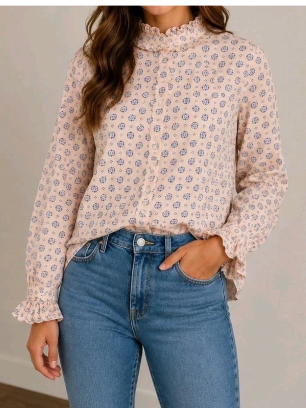 NWT J. Crew Peach Classic-Fit Ruffleneck Shirt in Medallion Print Size 10